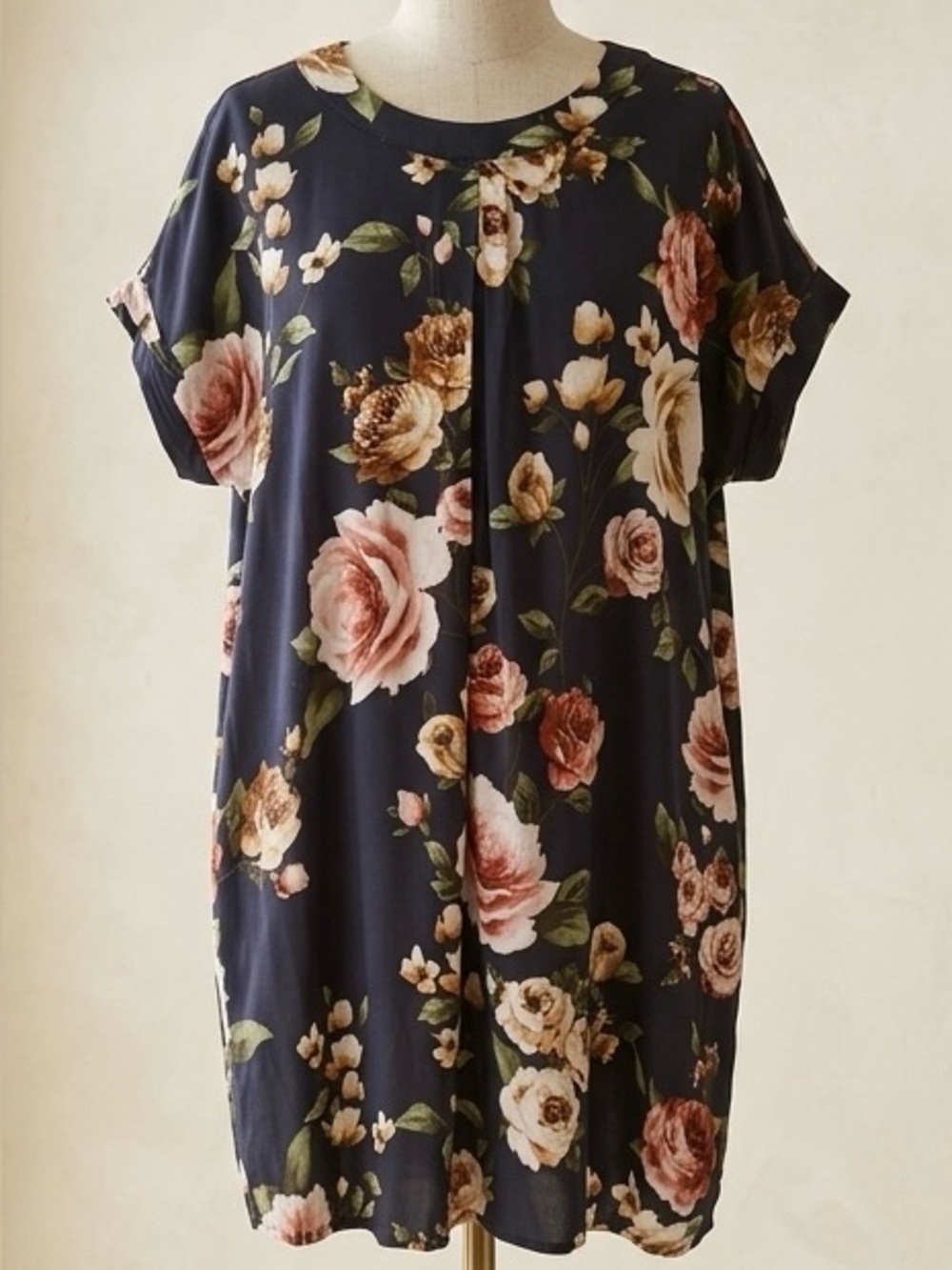 Andree by UNIT| Pink & Cream Rose Oversized Dark Teal Mini T-Shirt Dress Sz S